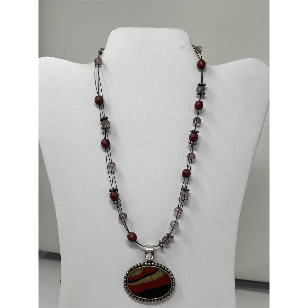 Pendant Necklace Signed HM Red Black Tan Oval with Beads Beaded - Picture 2 of 9